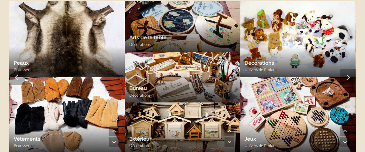 Vente en ligne objet déco artisanat savoyard des Alpes, tapis en peau gants en cuir, jeux jouets pour enfants fabrication artisanale arvimedia